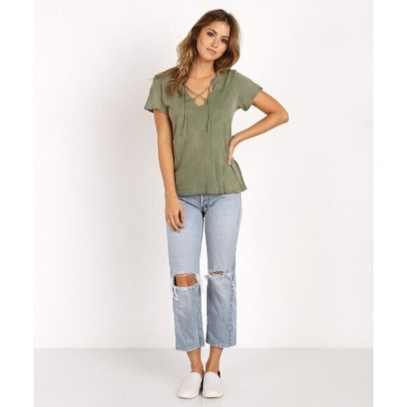 Revolve LNA Raw Tie Tee T-Shirt Short Sleeve Front tie V-neck Relaxed fit White - Picture 6 of 12